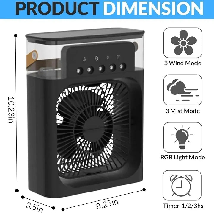 Portable Air Conditioner Fan Big Size | 3-in-1 Mini Air Cooler with Ice & Humidifier | USB | Adjustable Wind Speed | Small Desktop Cooling Fan for Room, Office & Home | 10inches  Electric Fan with Water Mist | LED Lights