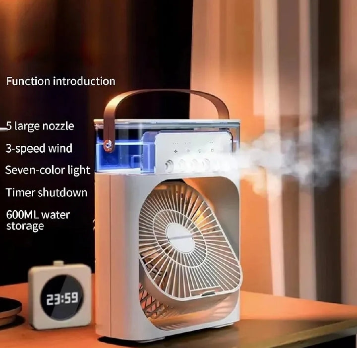 Portable Air Conditioner Fan Big Size | 3-in-1 Mini Air Cooler with Ice & Humidifier | USB | Adjustable Wind Speed | Small Desktop Cooling Fan for Room, Office & Home | 10inches  Electric Fan with Water Mist | LED Lights