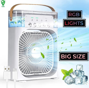 Portable Air Conditioner Fan Big Size | 3-in-1 Mini Air Cooler with Ice & Humidifier | USB | Adjustable Wind Speed | Small Desktop Cooling Fan for Room, Office & Home | 10inches  Electric Fan with Water Mist | LED Lights